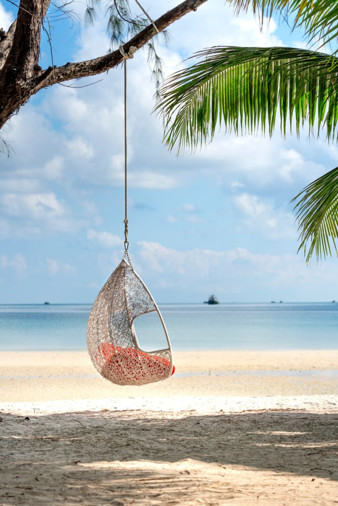 Beach scene with a swing, blue water and palm tree