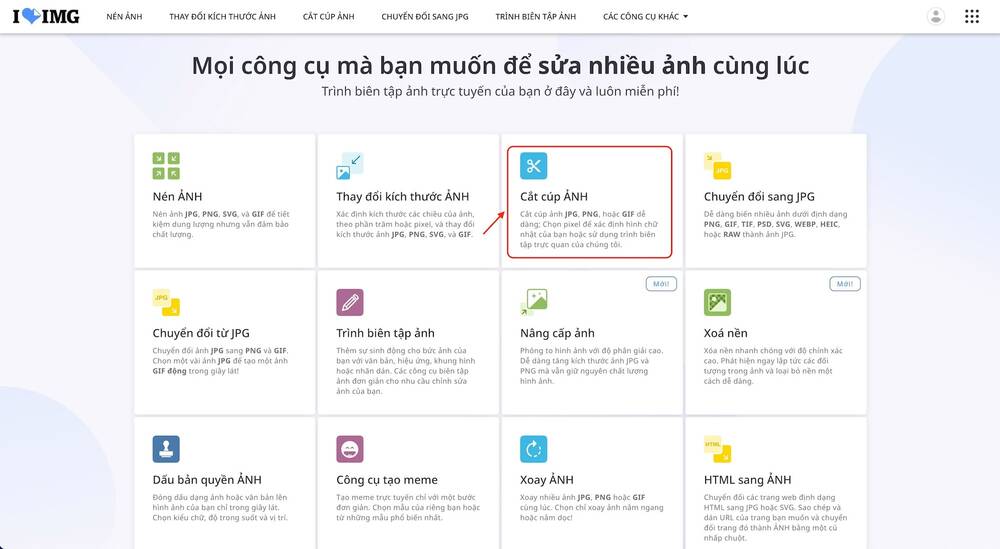 Chọn tính năng cắt cúp ảnh