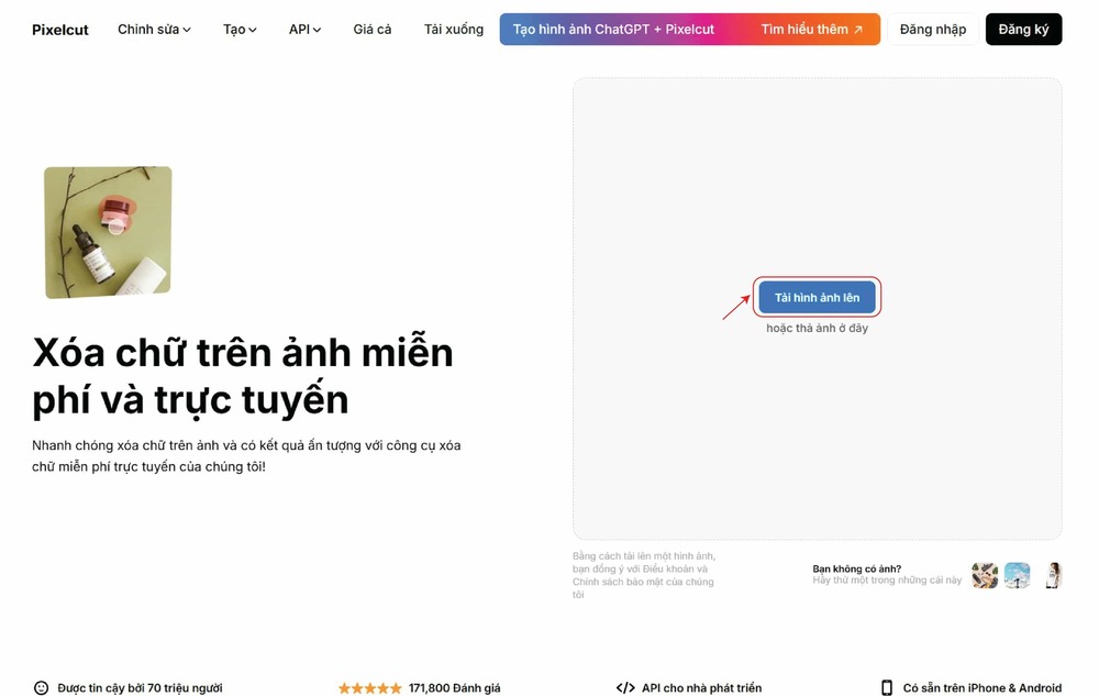 app xoá chữ trên ảnh-Tải ảnh lên Pixelcut-bước 1