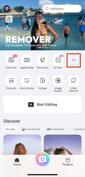 BeautyPlus App Screenshot EN - remove double chin arrow down