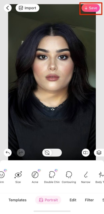 BeautyPlus App Screenshot EN - remove double chin results save