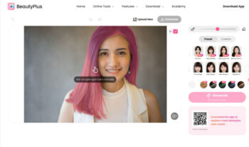 A digital bangs simulator showing a side-by-side comparison of a woman with and without bangs