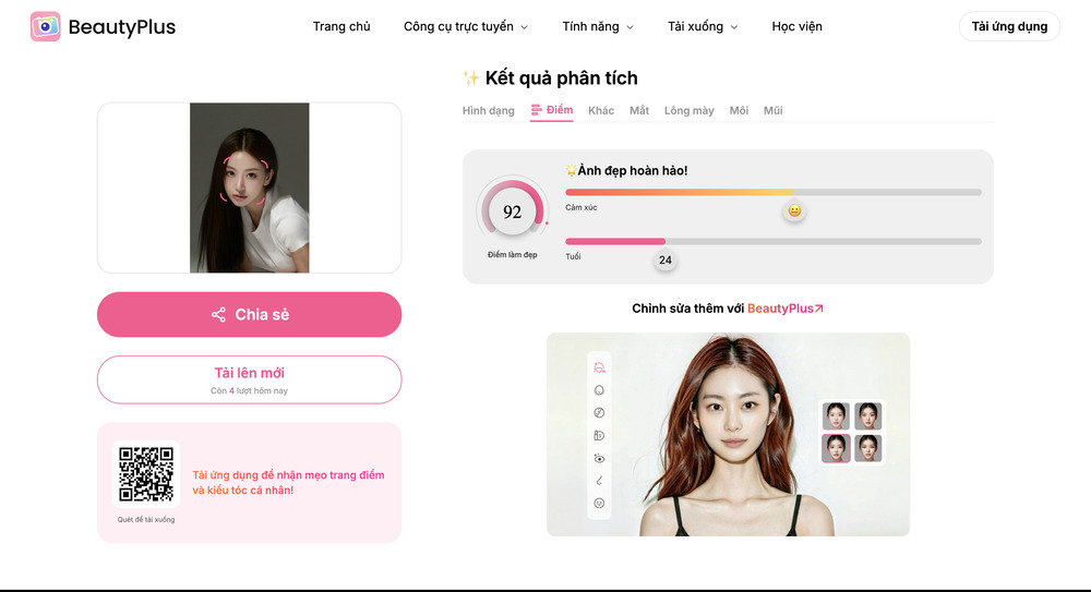 app chấm điểm khuôn mặt-Download ứng dụng Beauty Plus để có thêm nhiều công cụ hay ho khác nhé