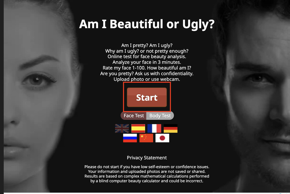 app chấm điểm khuôn mặt-Truy cập website Prettyscale.com và nhấn nút Start