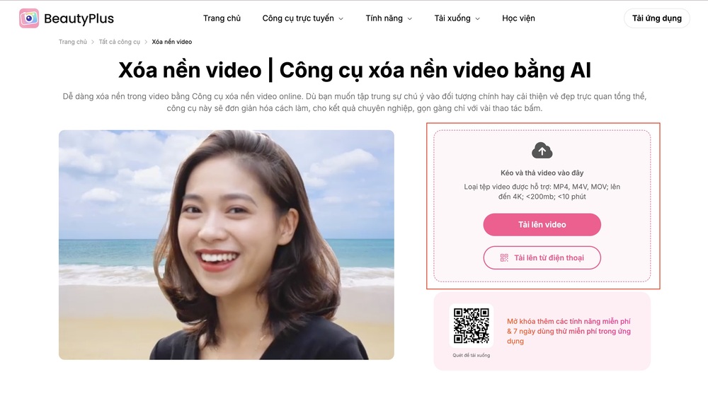 xóa nền video-Chọn Tải lên video để tải lên video bạn muốn chỉnh sửa