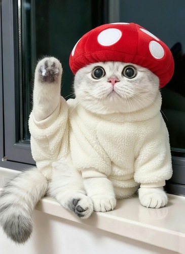 キノコ猫の写真-赤いキノコ-後