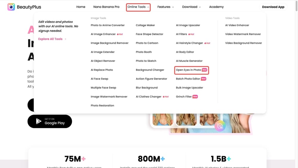 how to fix lazy eye in photos-BeautyPlus online step 1