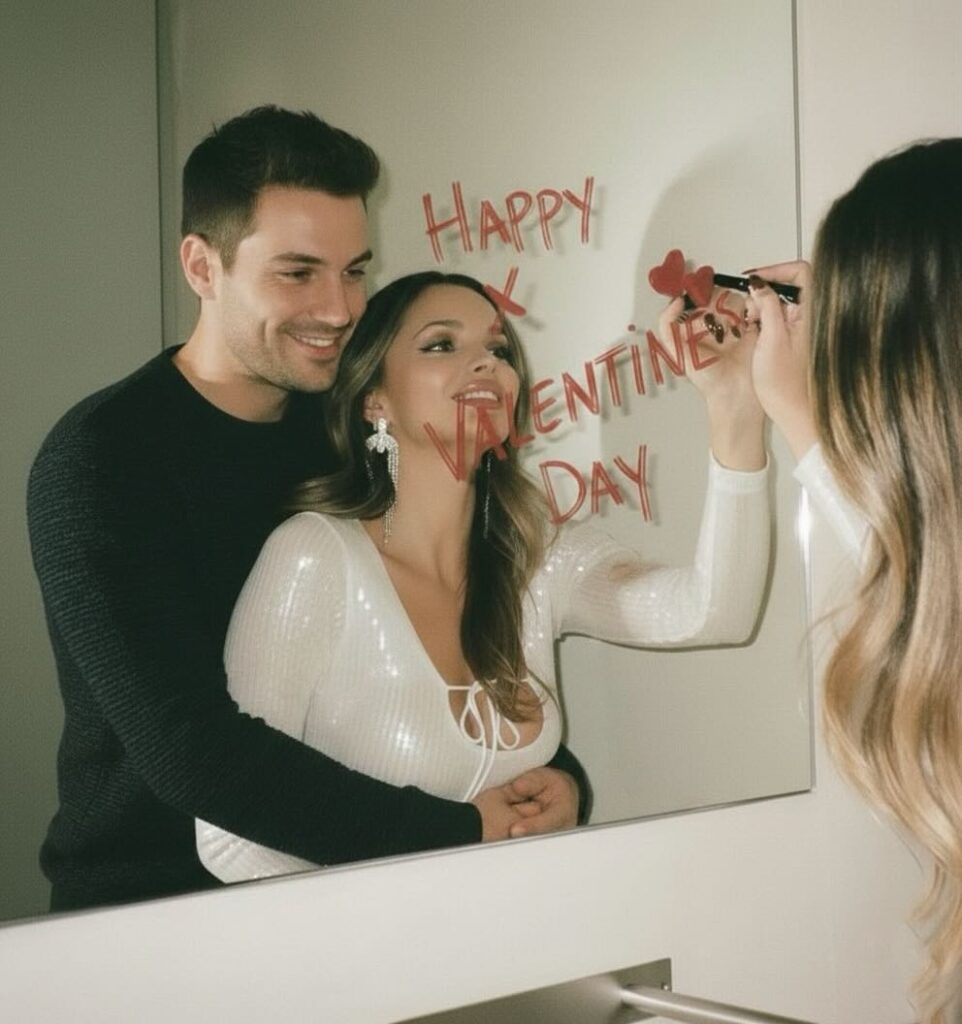 valentine's day photoshoot ideas-photoshoot in front of the mirror with lipstick words