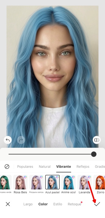 BeautyPlus App Screenshot ES - change hair color portrait hair color options done