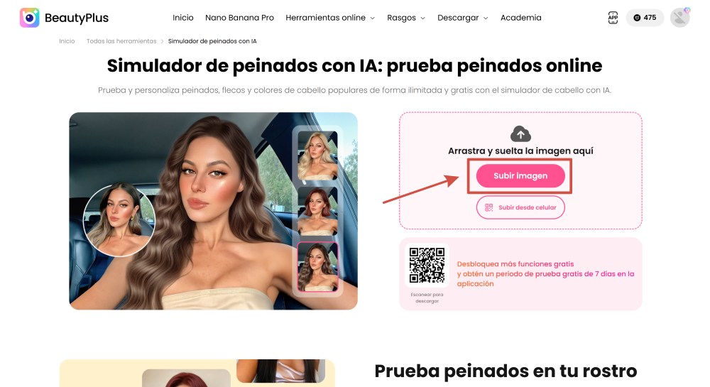 BeautyPlus Web Screenshot ES - change hair color upload image