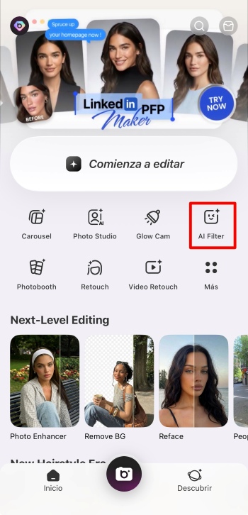 BeautyPlus App Screenshot ES - ai image ai filter icon