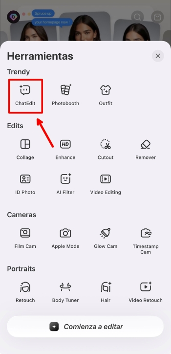 BeautyPlus App Screenshot ES - ai image chat edit more tool icon
